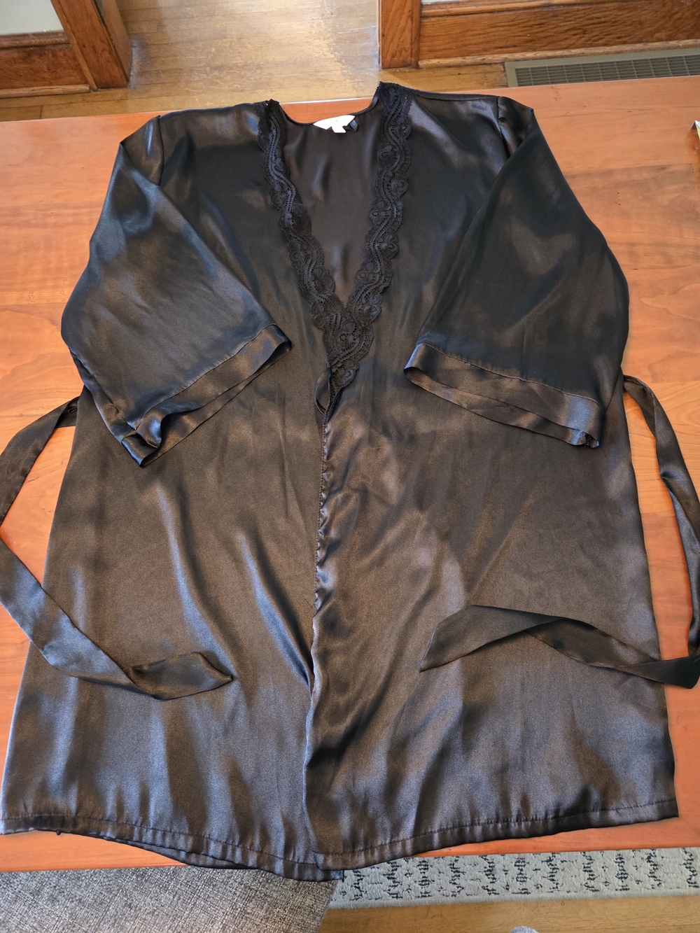Women's Black Satin Kimono Jacket with Lace Trim